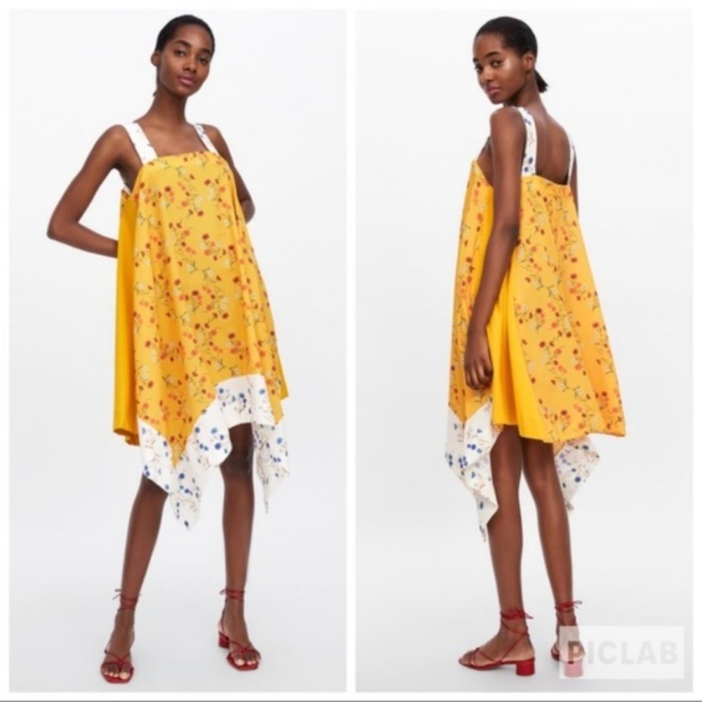 NWT Zara Asymmetrical Yellow Floral Dress Size L